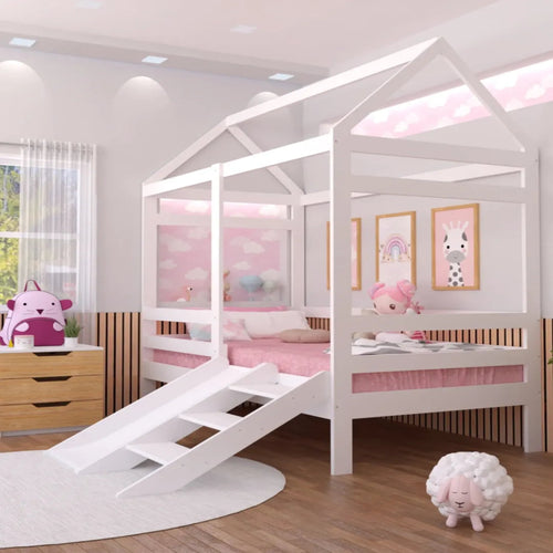 Cama Casita Individual con Tobogan